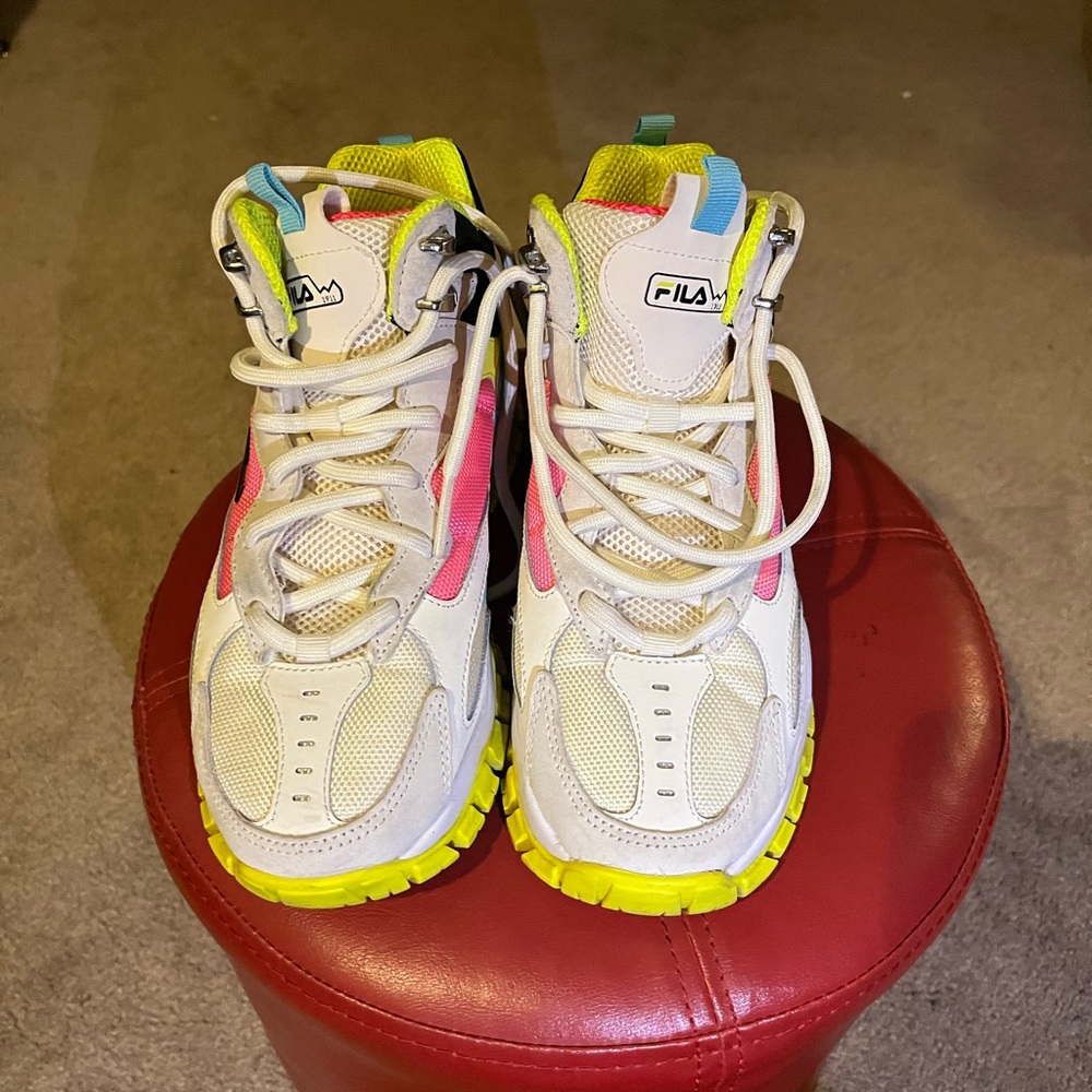Fila White, Hot Pink, lime Green & blue Sneakers “HOT”